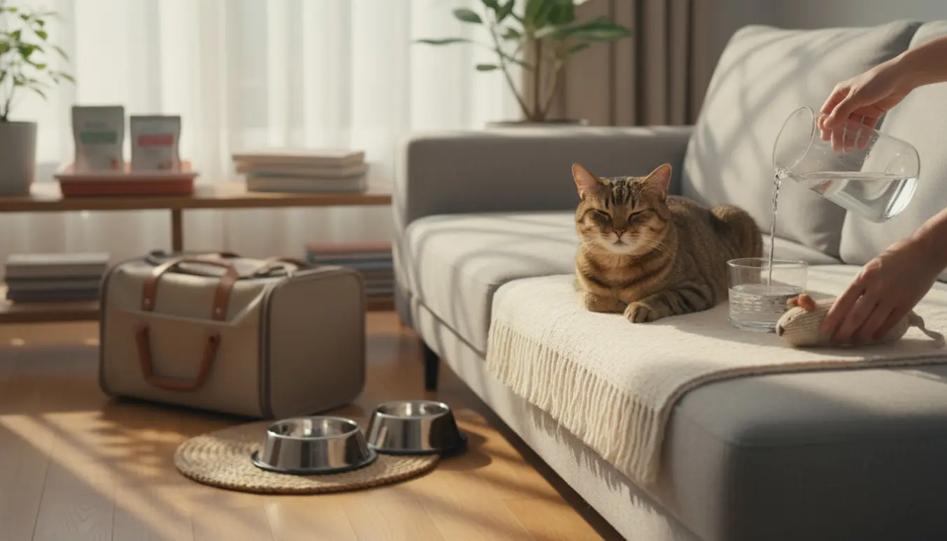 En kat ligger solvarmt på en sofa med mad- og vandskåle, transporttaske og en hånd, der fylder vandskålen.