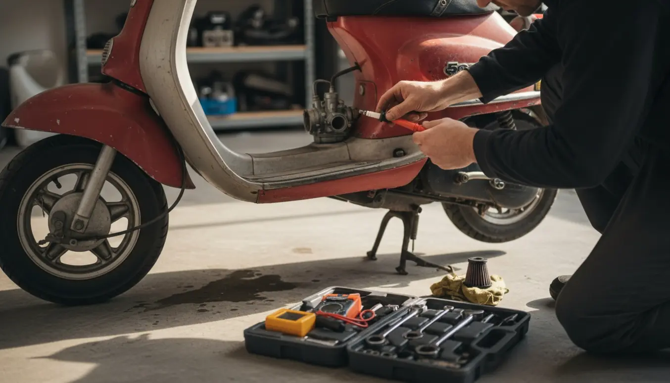 Mekaniker tjekker tændrør og karburator på en lille 50cc knallert i en garage.