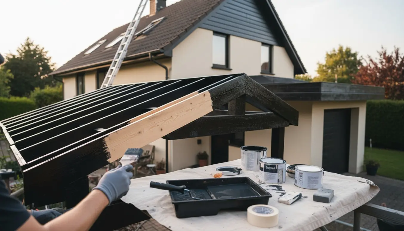 Nærbillede af husudhæng og spær, hvor sort maling påføres med malerværktøj og et ubeskyttet råt bræt synligt.