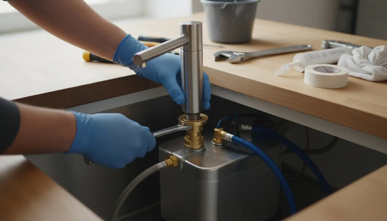 Nærbillede af montering af Quooker i køkken med hænder, værktøj og åben underskab.