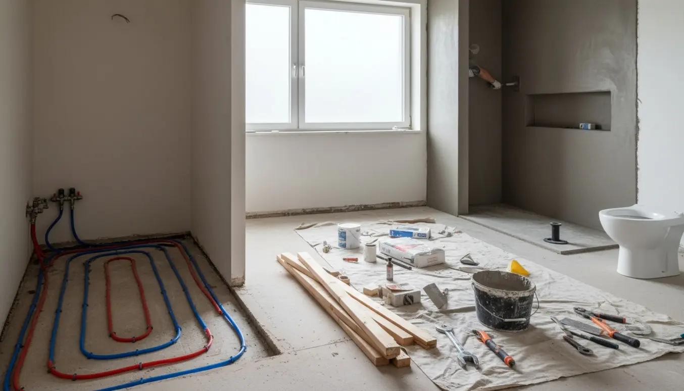 To badeværelser under renovering med synlige gulvvarmerør, microcement i bruseniche og et flyttet toilet.
