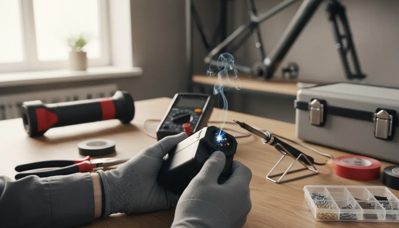 Nærbillede af hænder i isolerede handsker, der holder et elcykelbatteri med et beskadiget laderstik og små gnister på en værkstedsbænk.