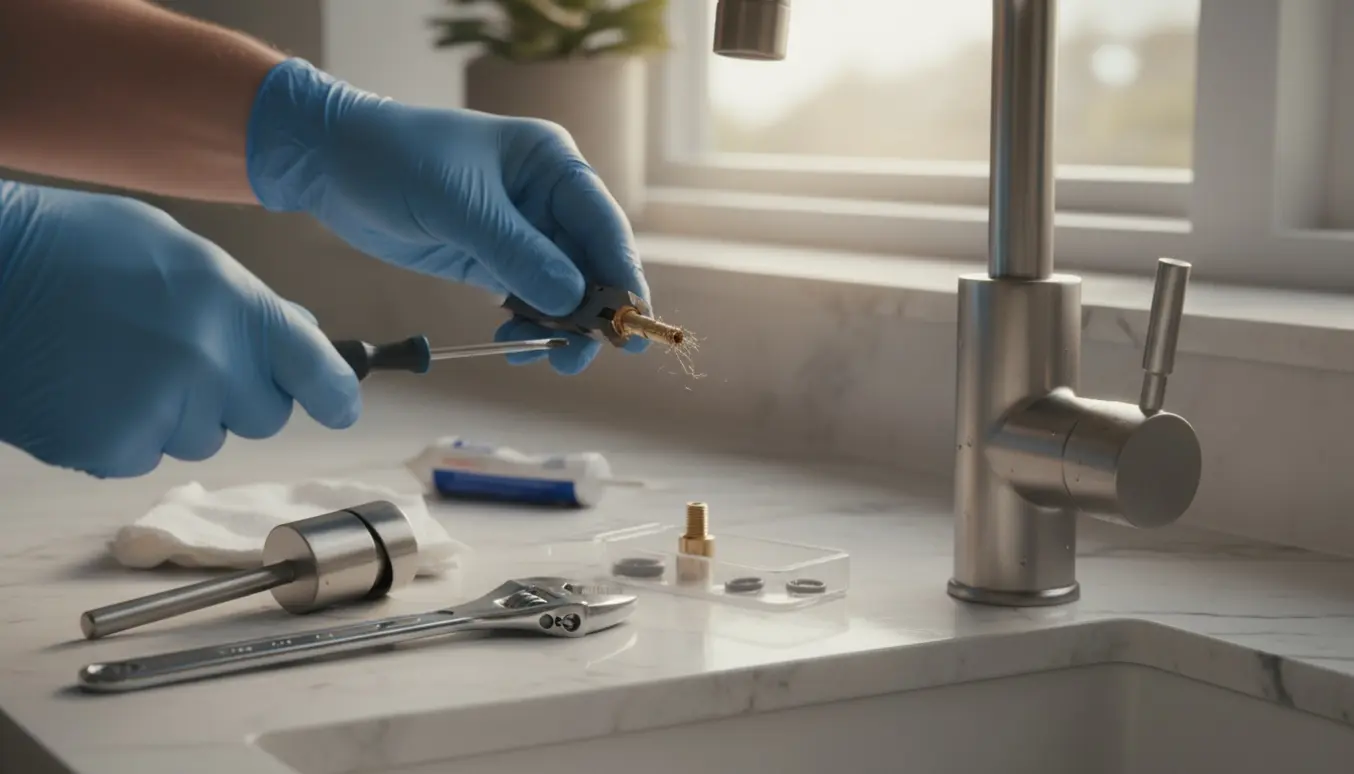 Nærbillede af en moderne køkkenvandhane med afmonteret betjeningsstift og værktøj klar til reparation.