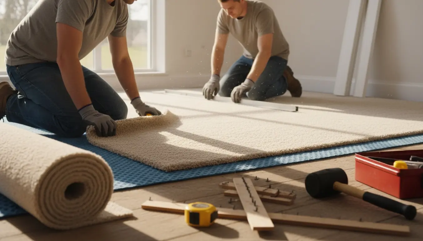 To håndværkere lægger nyt tæppe i en lys stue med værktøj og tæt fokus på tæppets struktur.