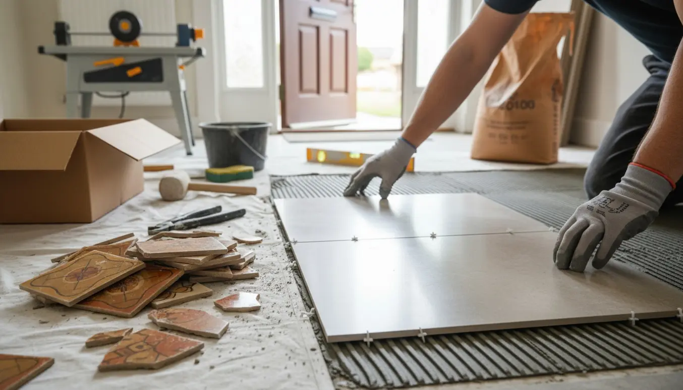 Ny 60 × 60 cm flise lægges i en entré med værktøj og gamle fliser ved siden af.