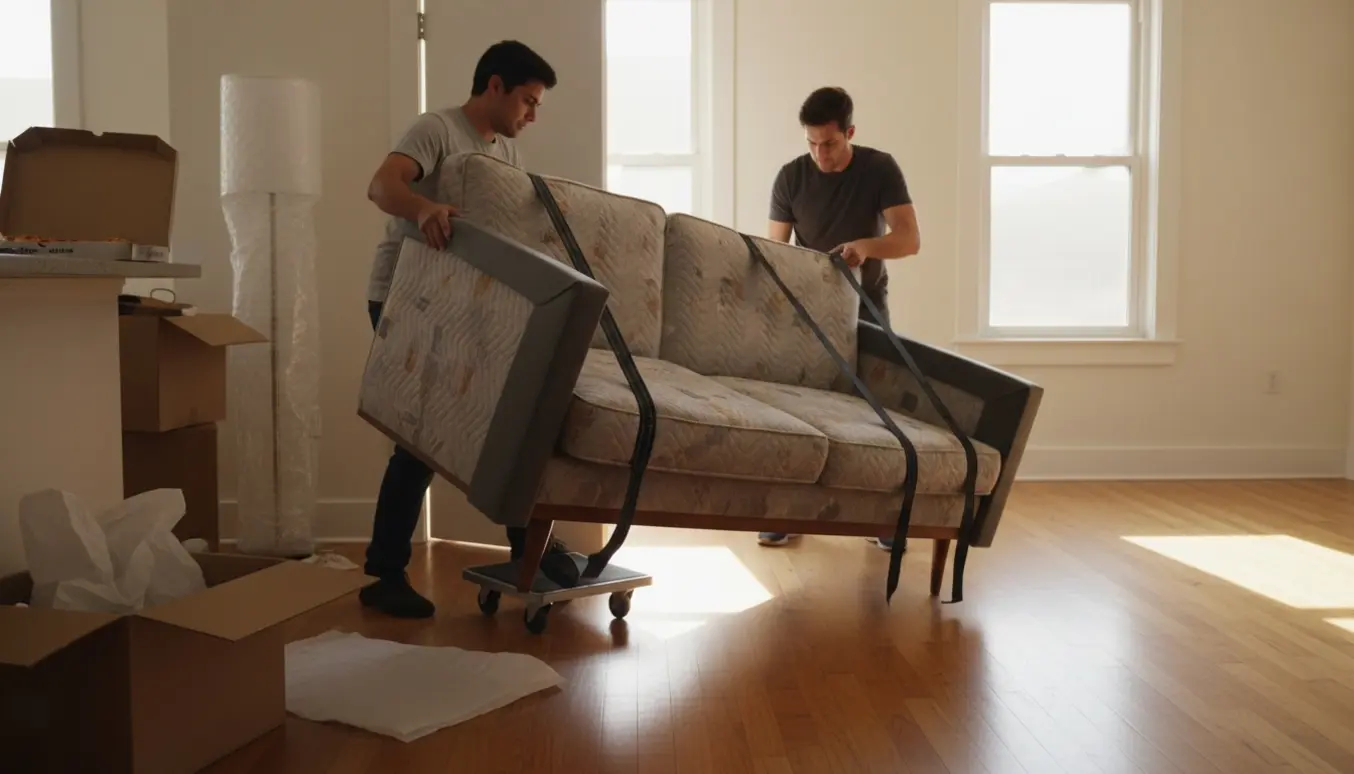To personer bærer en sofa gennem en døråbning med flyttetæpper og en møbelvogn.