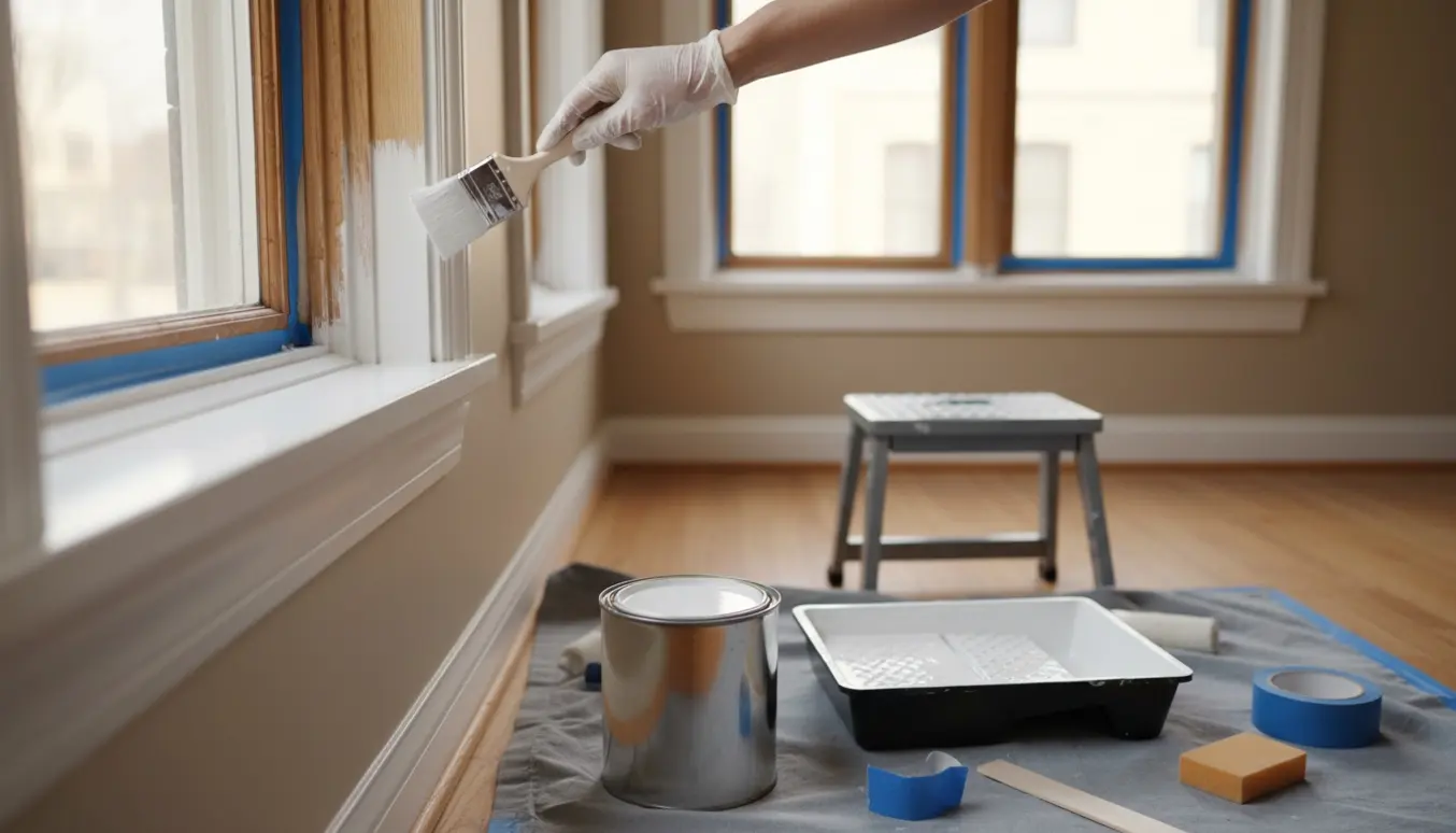 Nærbillede af handskerede hænder, der maler vinduesramme indendørs med pensel og malerbøtter i baggrunden.