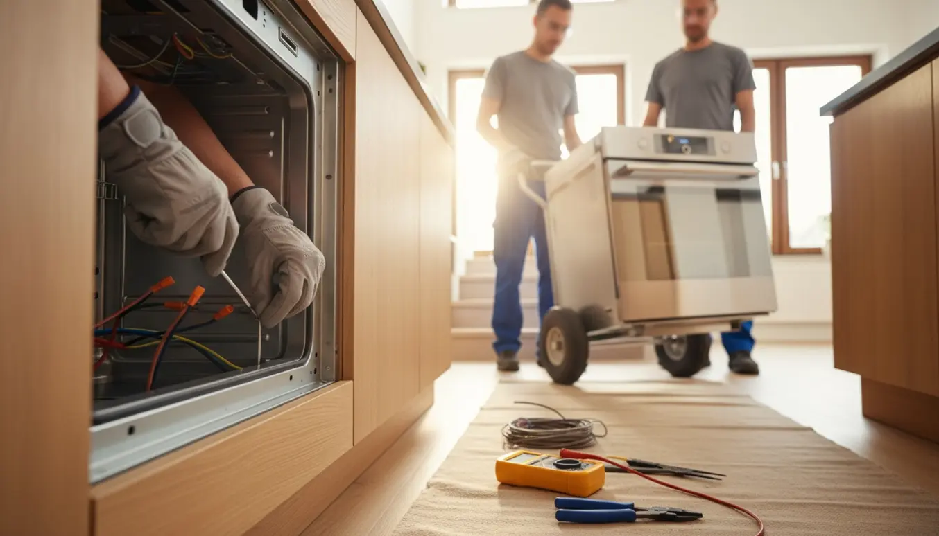 Elektrikere afmonterer og bærer en ovn mellem etager i et moderne køkken med værktøj og sikrede ledninger.