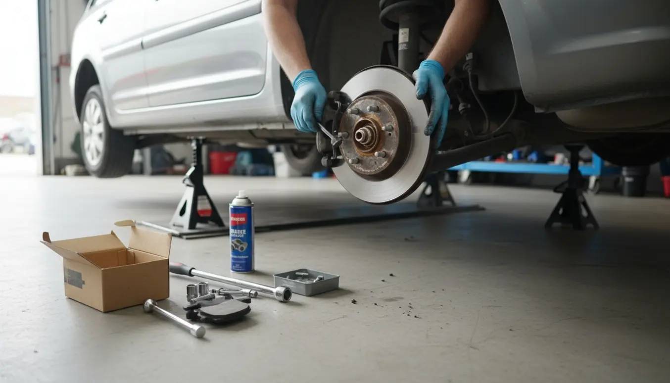 Nærbillede af baghjuls skivebremse på en stationcar på donkraft og støttebuk med nye bremseklodser og værktøj klar til udskiftning.