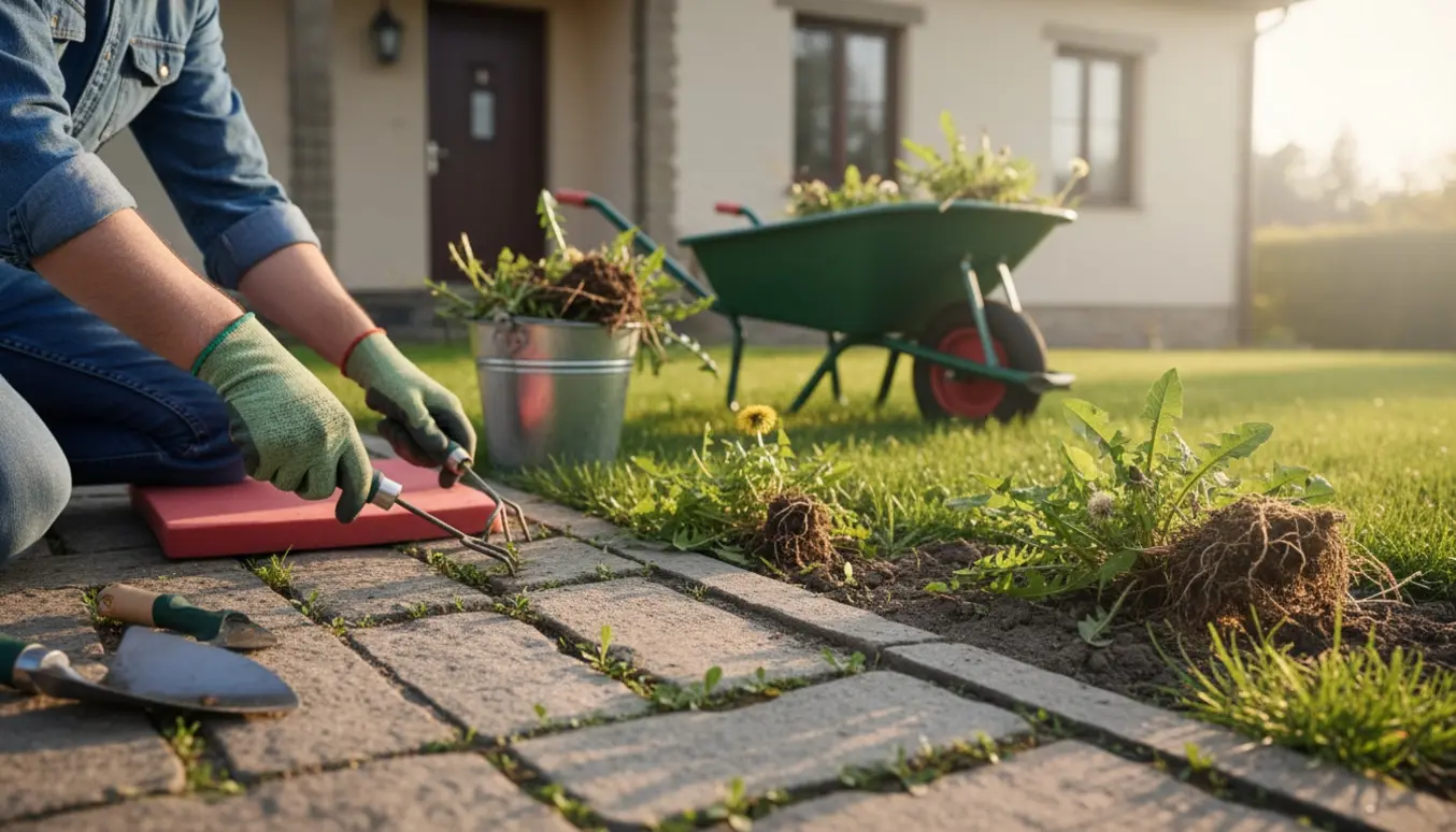 Nærbillede af handsker og haveredskaber, der fjerner varierende ukrudt fra gangsti, kant og blomsterbed ved husets indgang.