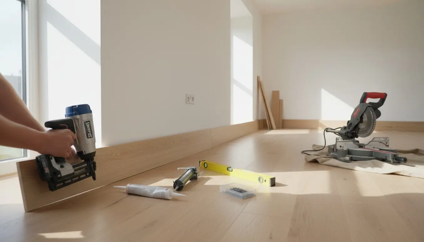 Nærbillede af montering af fodlister i et lyst rum med en sømpistol, lim og værktøj på gulvet.