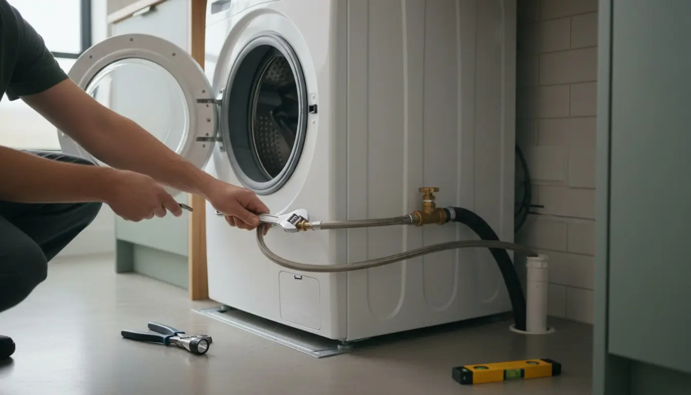 En person tilslutter vandslange og drænrør til en hvid vaskemaskine i et lyst vaskerum.