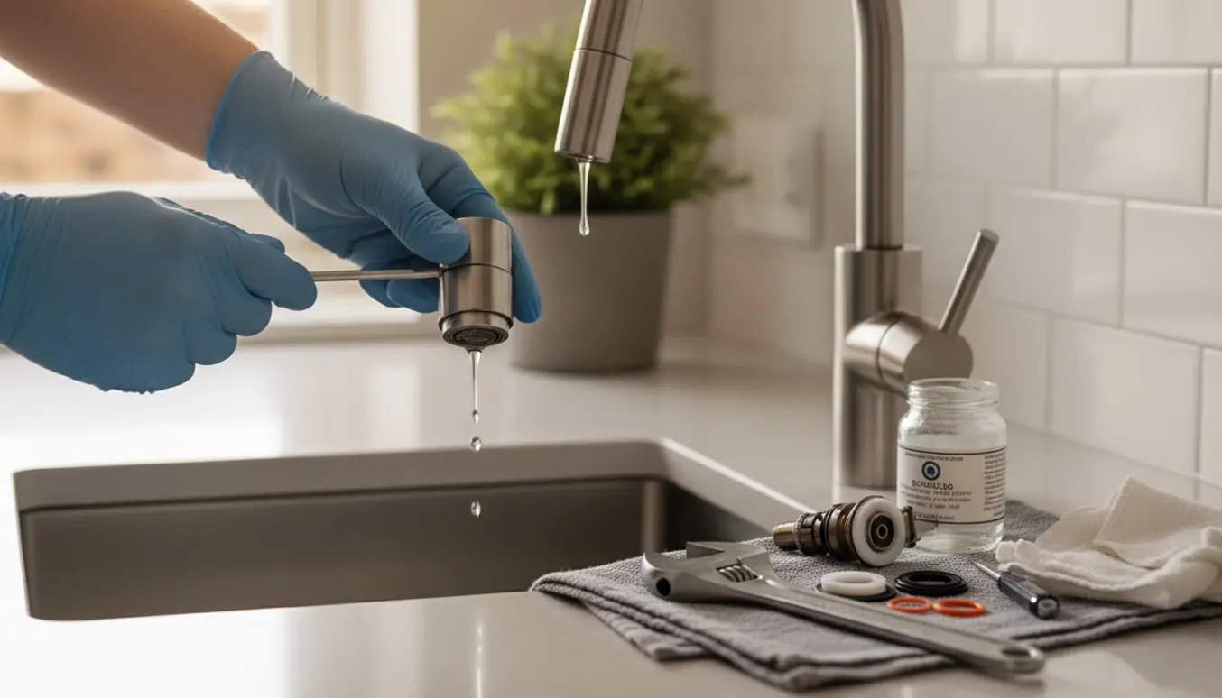 Nærbillede af reparation af en utæt Quooker-vandhane ved håndvasken med værktøj og udskiftningspakninger.