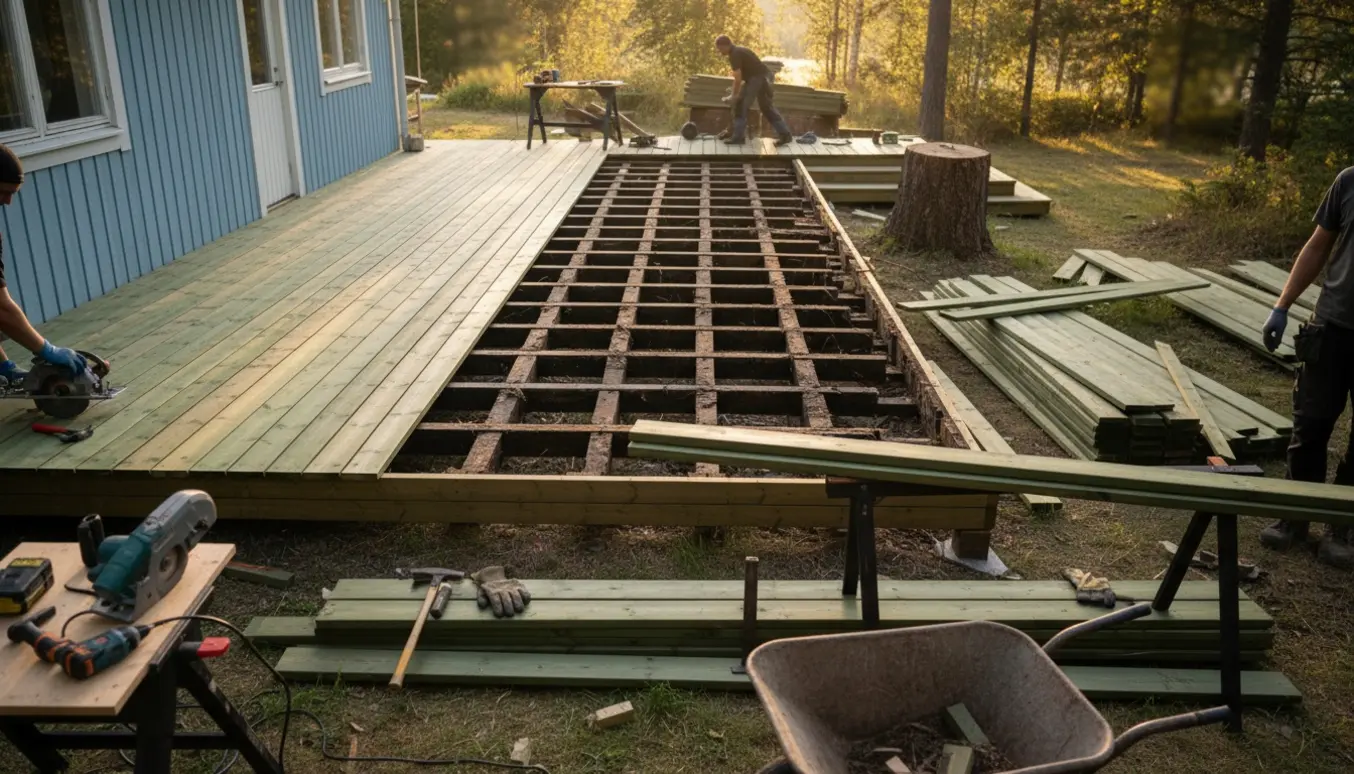 Halvfærdig udskiftning af træterrasse ved sommerhus med nye trykimprægnerede brædder og afmonterede strøer.