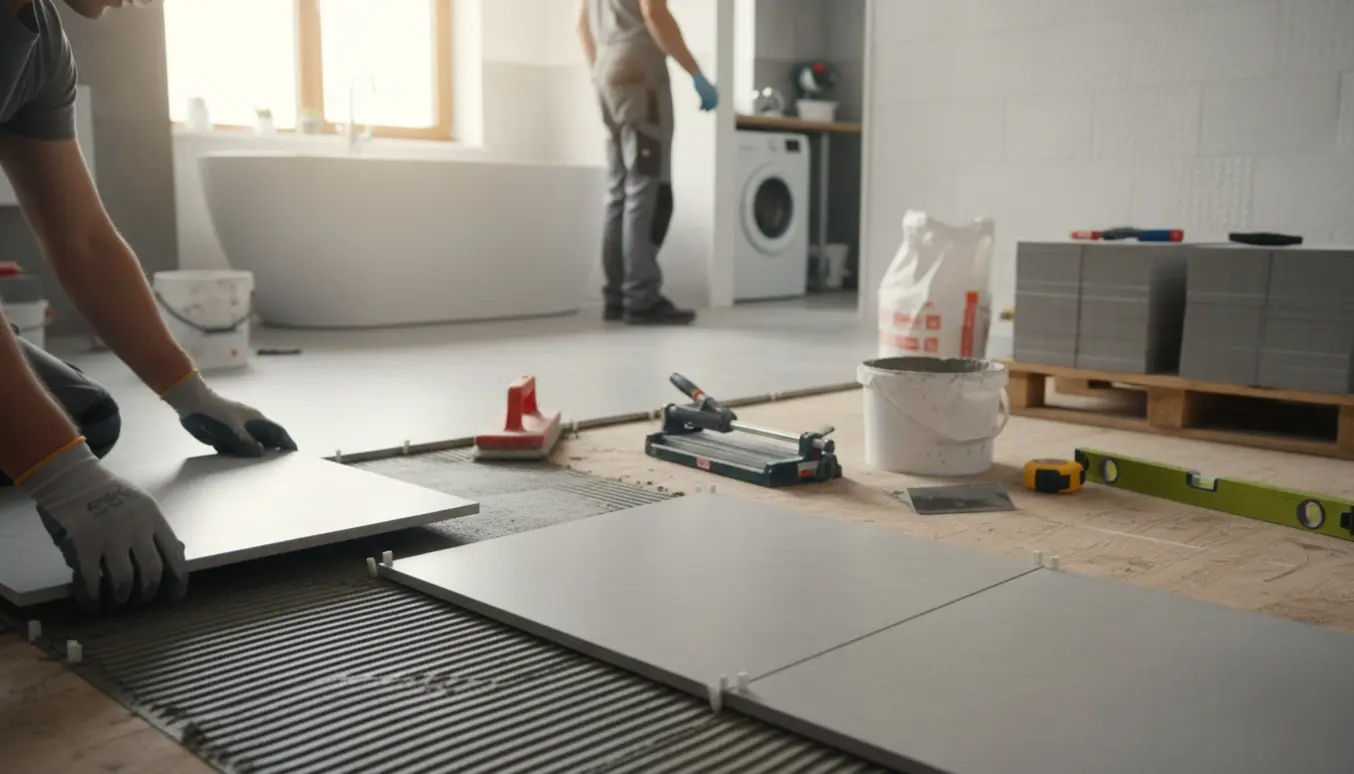 Nærbillede af lægning af store 60x60 klinker i badeværelse, gang og bryggers med flisekryds og værktøj.