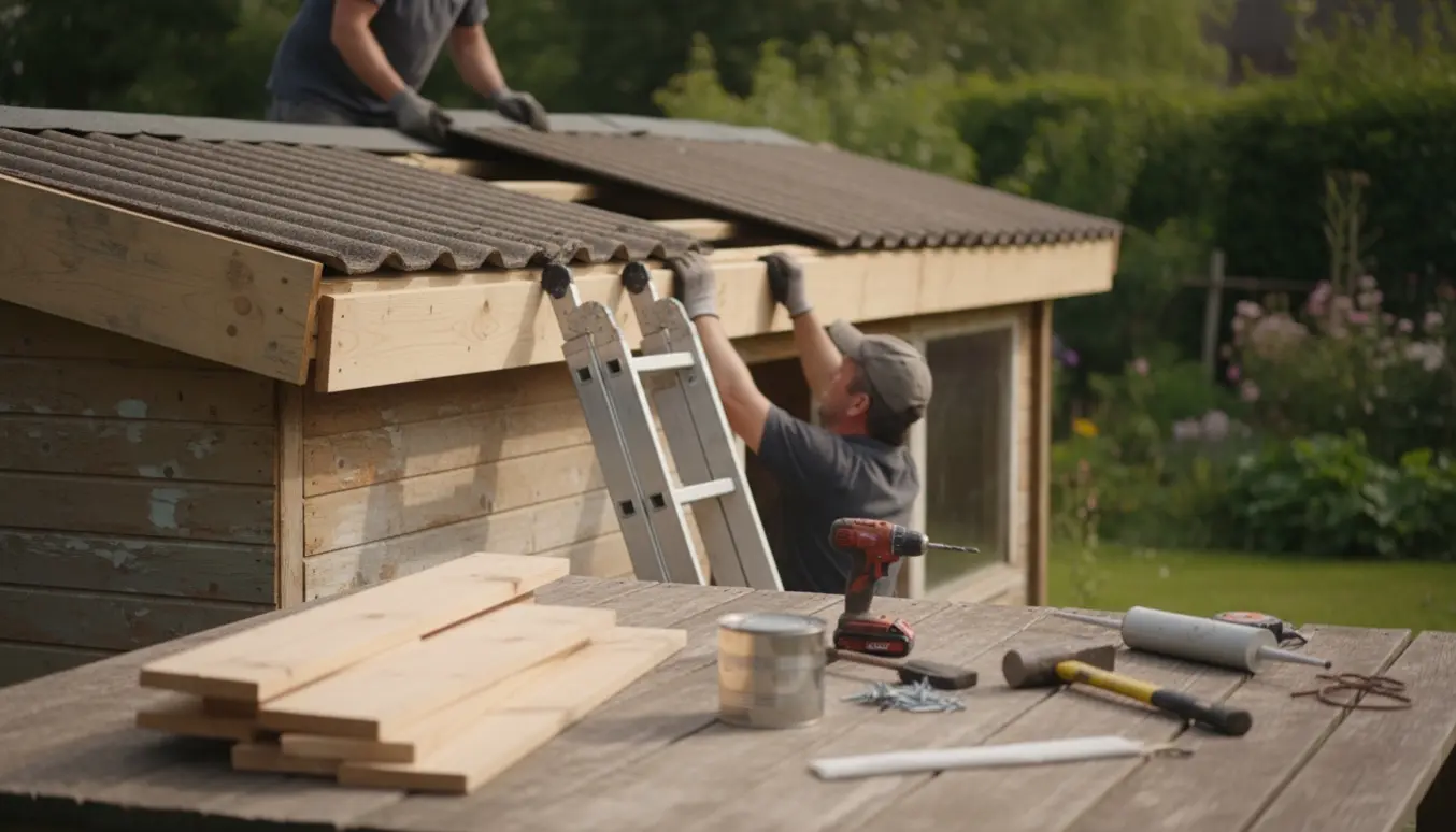 Håndværker udskifter træudhæng og monterer bølgeeternit på et lavt udhus.