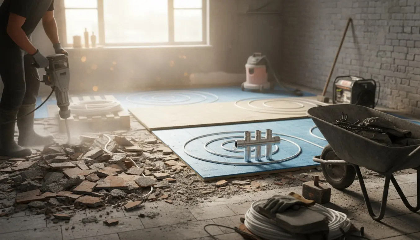 Renoveringsscene med gulvet hakket op og klar til gulvvarme, med rør, værktøj og byggematerialer.