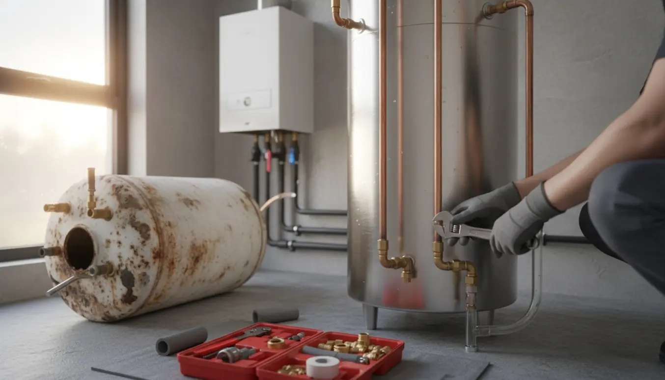 Tekniker monterer en ny varmtvandsbeholder i et bryggers med kobberrør og værktøj, mens den gamle beholder er fjernet.