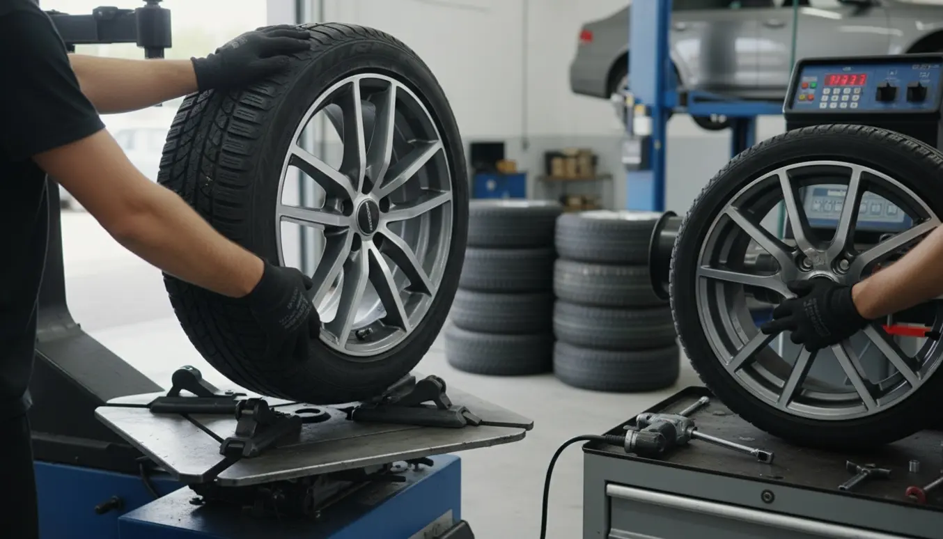 Hænder monterer dæk på en sølvfælge i et garageværksted med vinter- og sommersdæk i baggrunden.