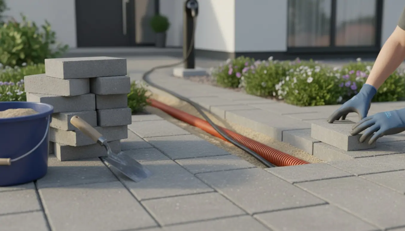 Hænder reetablerer fliser over et nedgravet elkabel i en lille forhave.