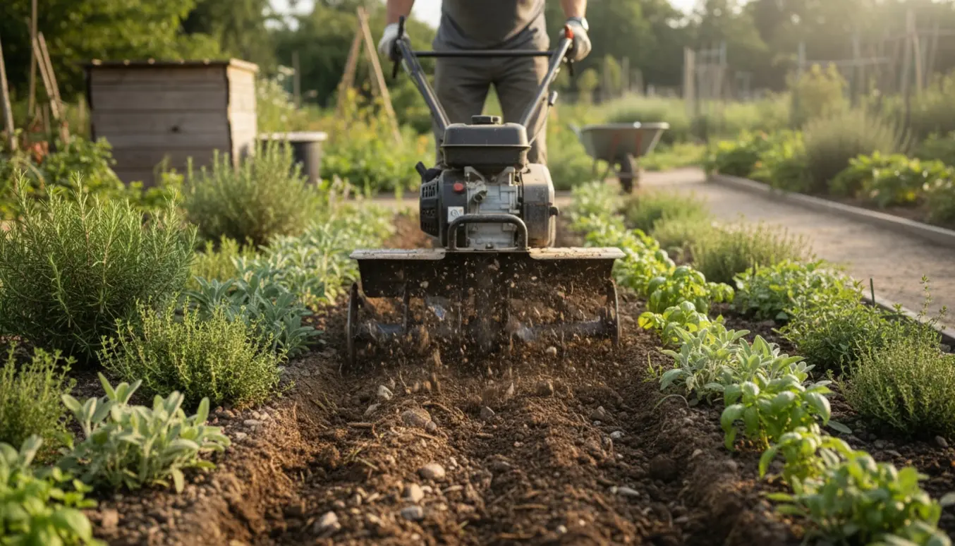 Kraftig fræser vender mørk, fugtig jord i en lang, smal urtehave med krydderurter langs kanterne.
