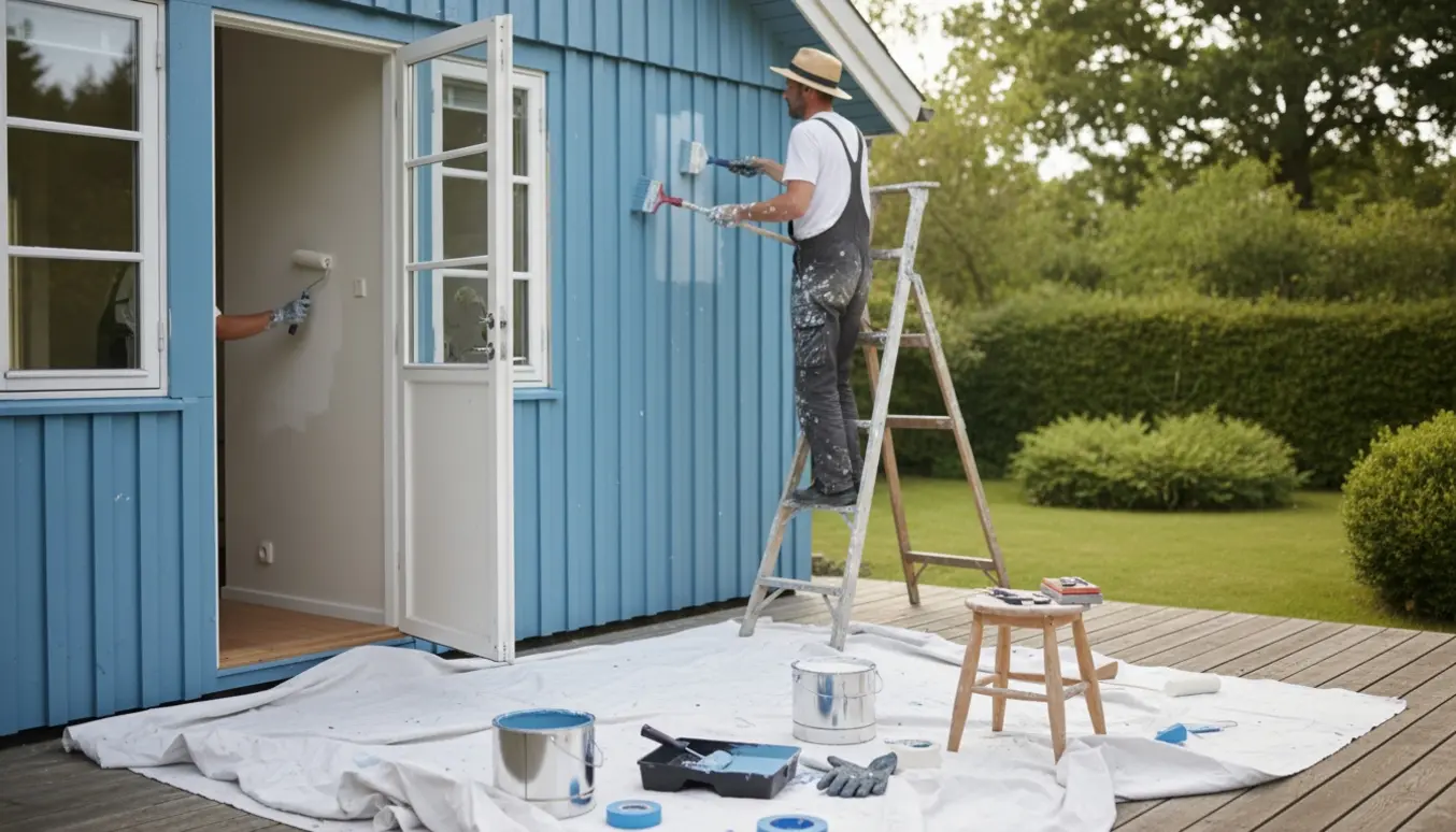 Maler på stige maler et træbeklædt sommerhus med malerbøtter og afdækningsdug, åben dør viser indendørs maling.