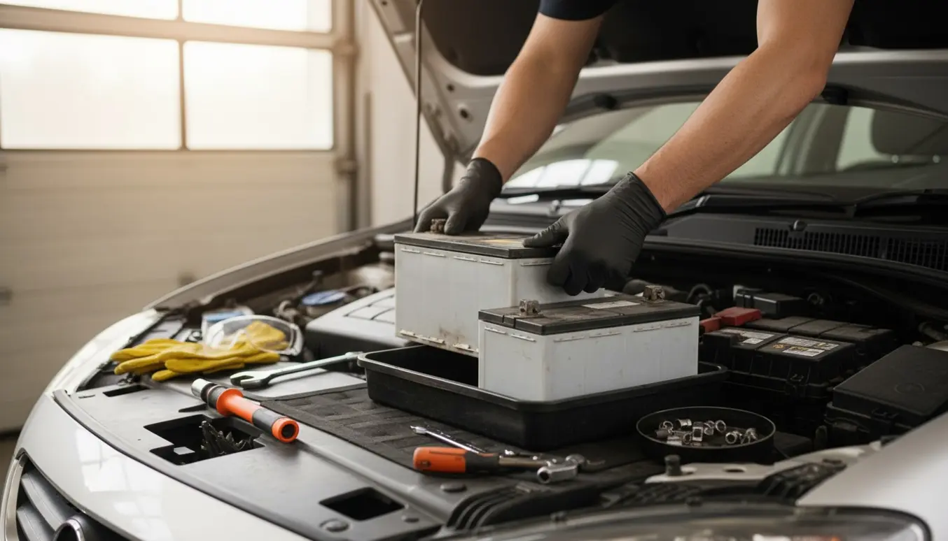 Åben motorrum på en VW Sportsvan uden synlige logoer med nyt og afmonteret 12 V startsbatteri og hænder i handsker ved arbejdet.