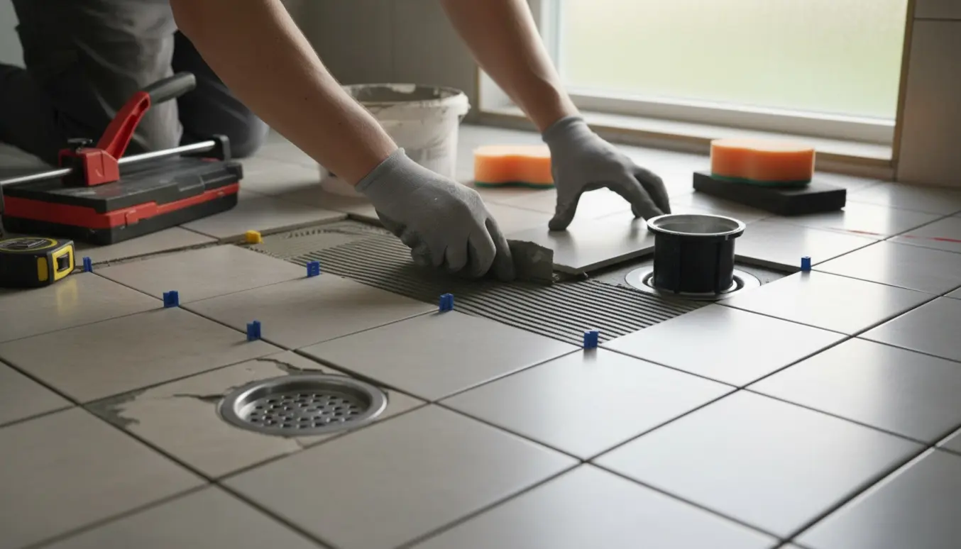 Nærbillede af badeværelsesgulv med nye fliser lagt ovenpå gamle fliser omkring to afløbsriste og en forhøjer ved siden af.