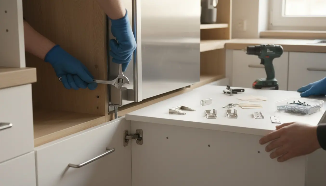 Installering af et integreret køle-/fryseskab i et åbent IKEA-skab med hænder, der justerer fødder og forbereder at montere låger.