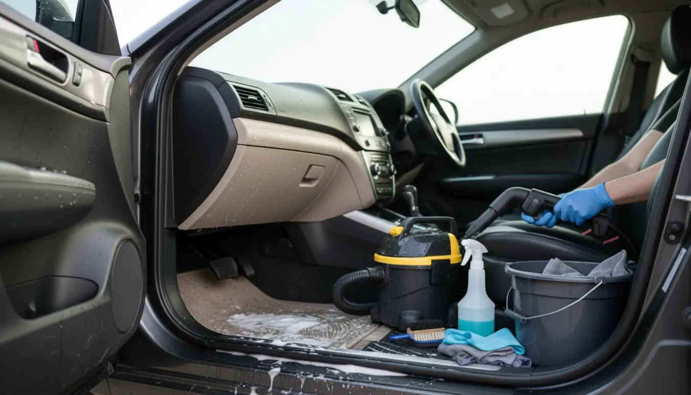 Bilens indvendige rensning med handsker, støvsuger, børste og mikrofiberklude, fokus på gulvet ved venstre dør efter mugfjernelse.