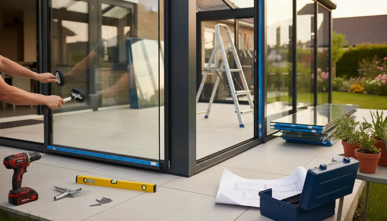 Hænder monterer et glaspanel i en aluminiumsramme under opsætning af en udestue ved husets terrasse.
