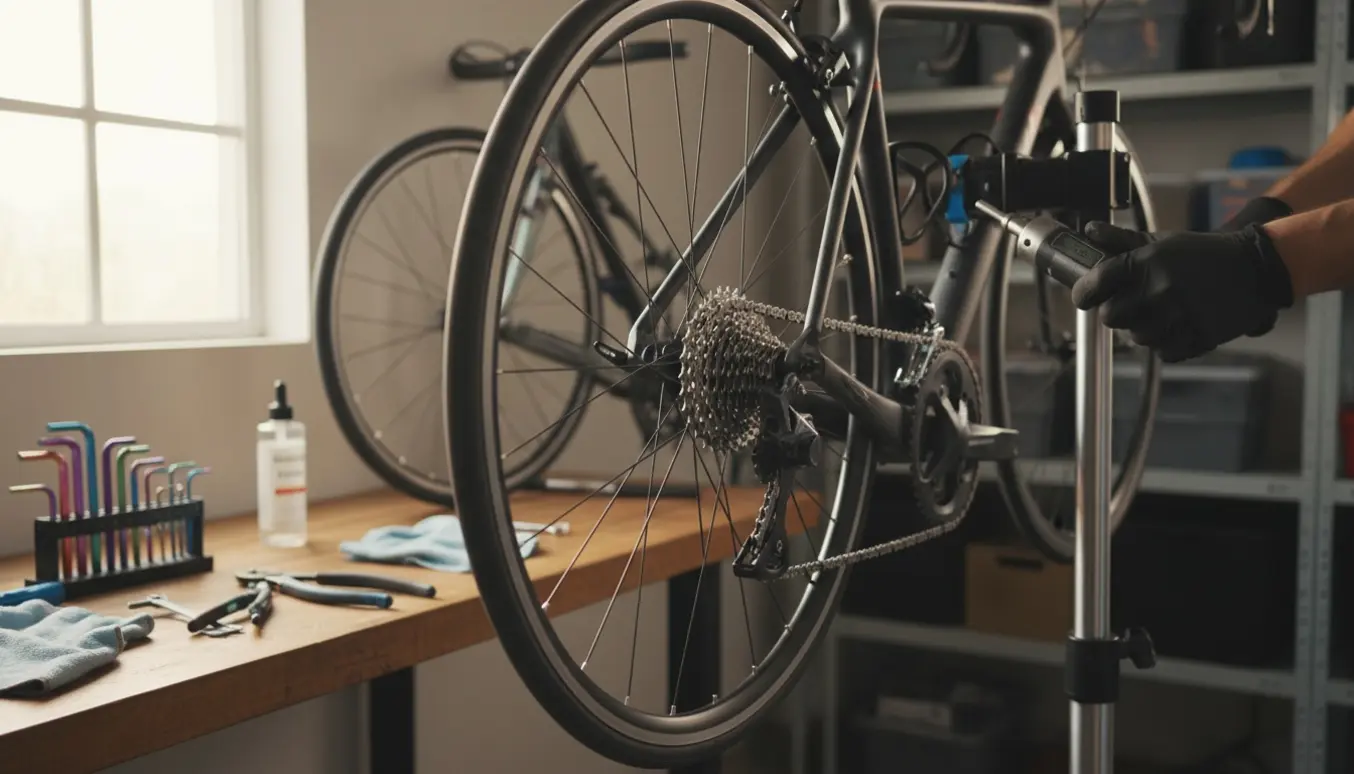 Nærbillede af hænder, der justerer bremser og gear på en ny cykel i et ryddeligt værksted.