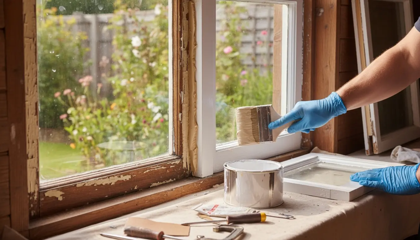 Nærbillede af reparation og maling af et gammelt trævindue med kit, pensel og værktøj.