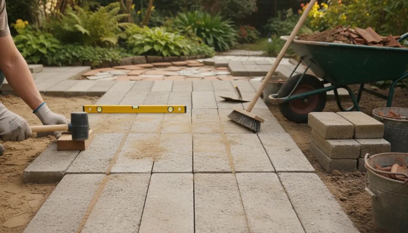 Hænder lægger genbrugte havefliser på en lang rektangulær terrasse med stak fliser og værktøj i baggrunden.