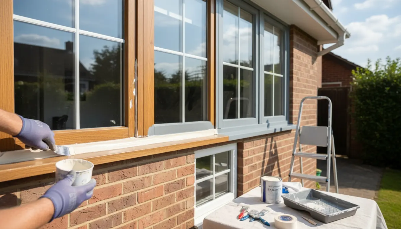 Udvendige stueetagevinduer med hænder, der glatter kit og maler rammerne i varmt sommerslys.