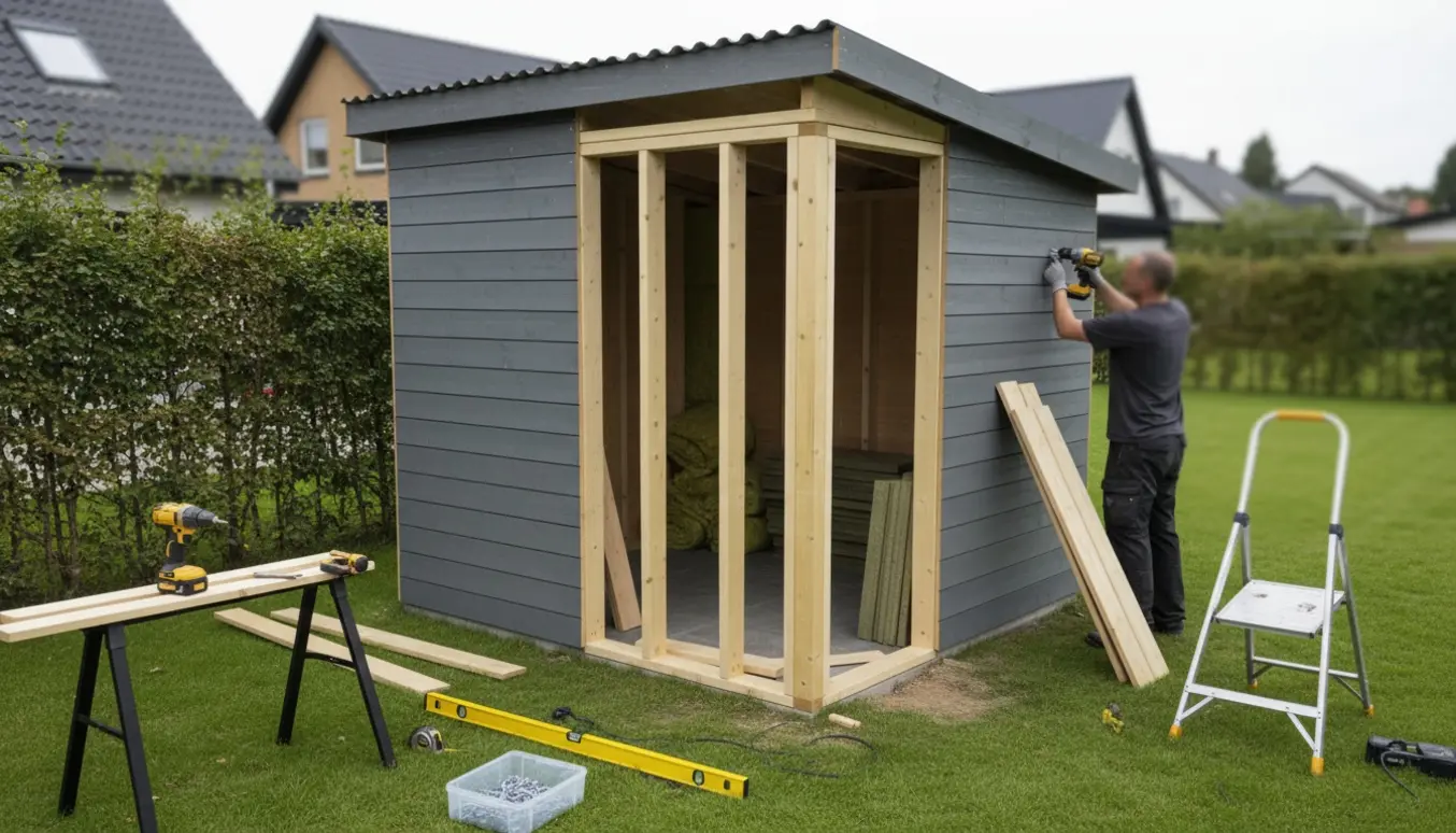 Redskabsskur under opbygning i have med listbeklædning, værktøj og isolering.