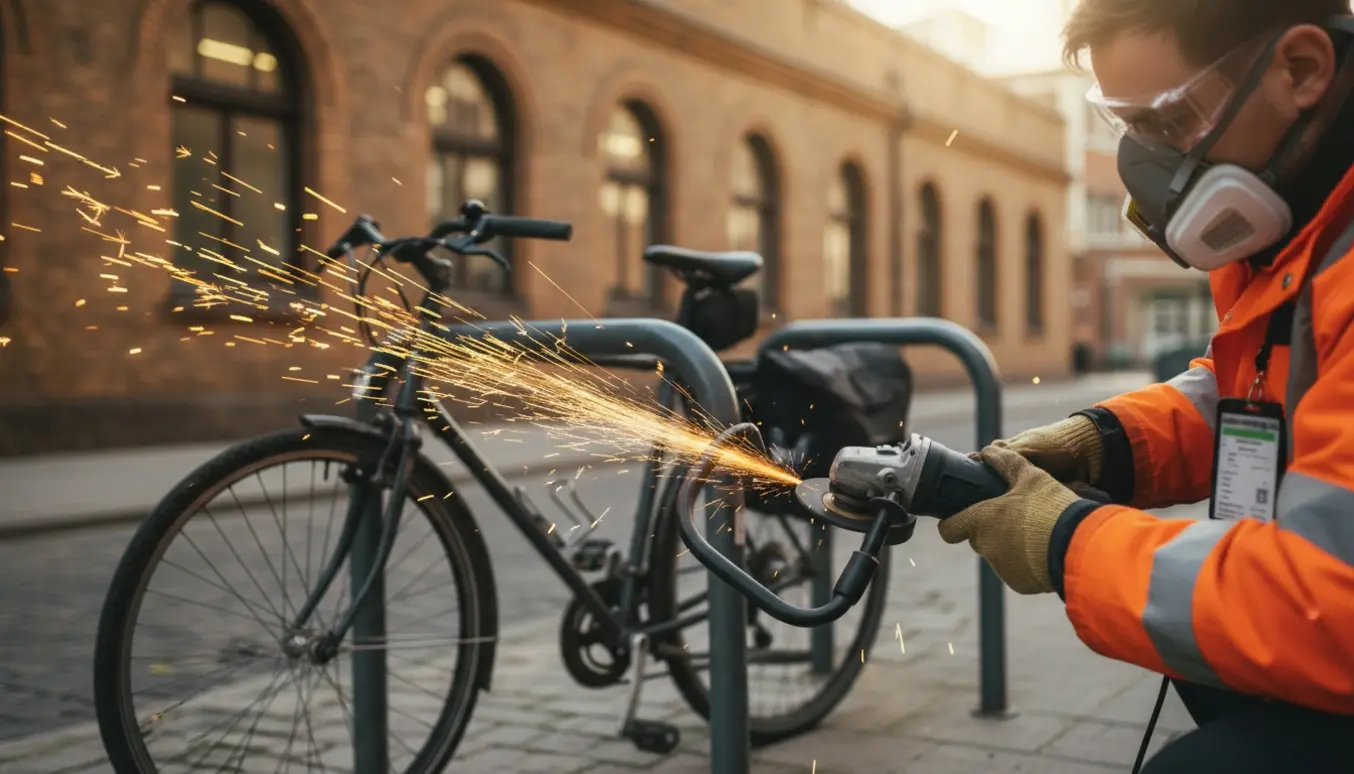 En person skærer en cykellås over med en vinkelsliber ved et cykelstativ, iført sikkerhedsudstyr og med en mobil med kvittering i nærheden.