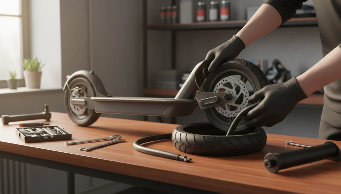 Nærbillede af udskiftning af bagdæk og slange på et elektrisk løbehjul ved et ryddeligt værkstedbord.