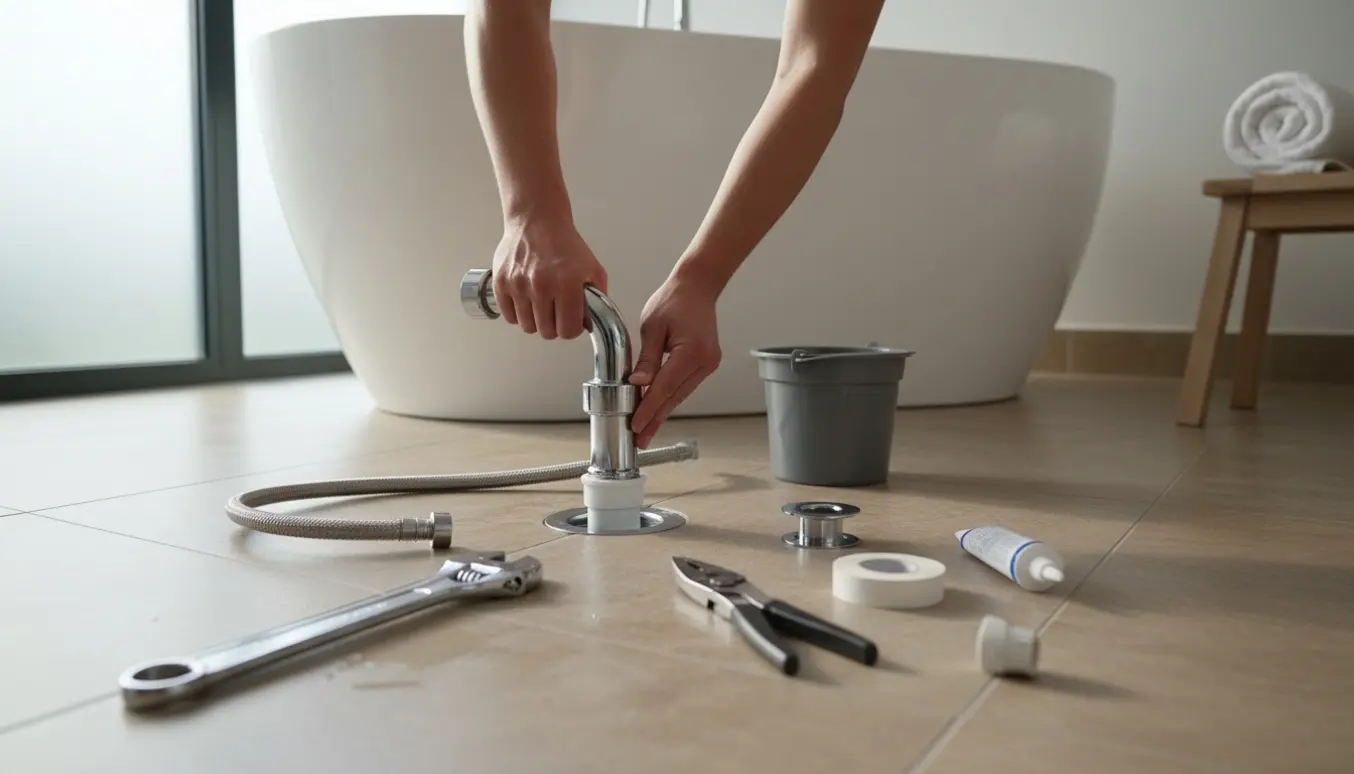 Hænder tilslutter et fritstående badekar til afløbet i et lyst, moderne badeværelse.