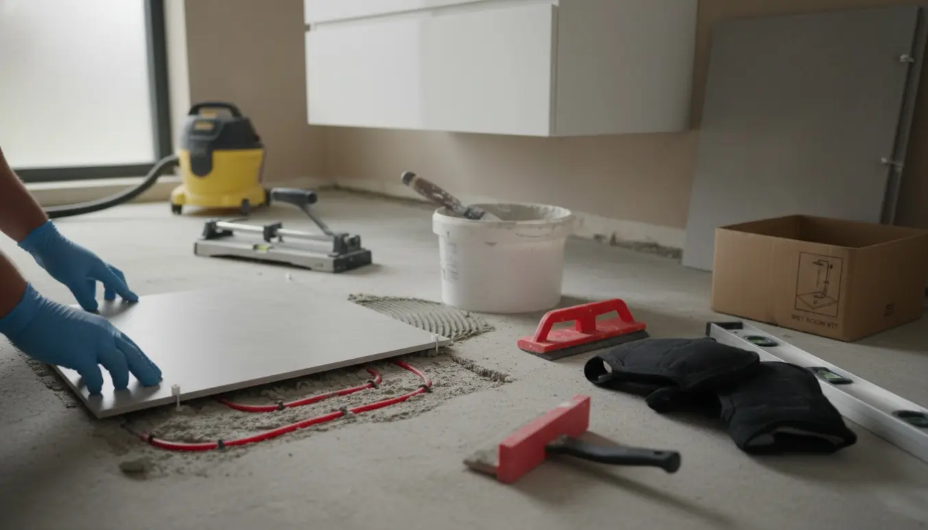 Håndværker lægger nye 60x60 fliser i et lille badeværelse med værktøj, vådrumspakke og synlige gulvvarmerør.