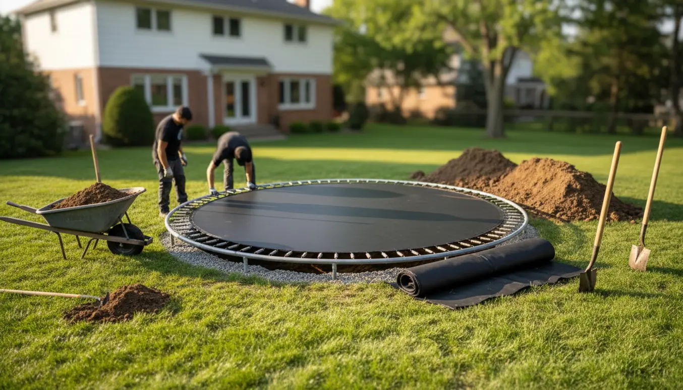 Nedgravning af trampolin i baghaven med udgravet hul, jordbunker og redskaber.