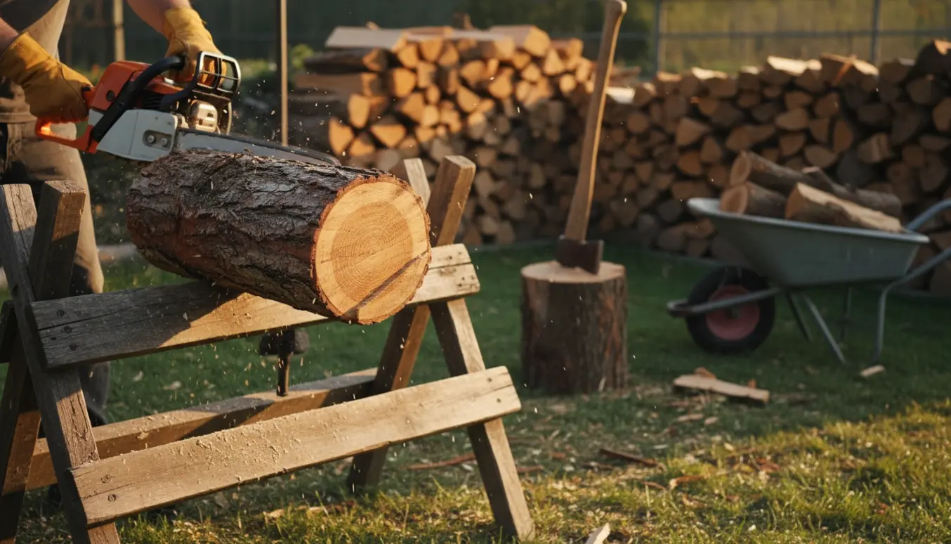 En person saver en træstamme til brænde på et savbukke med nystackede brændestykker og savsmuld.
