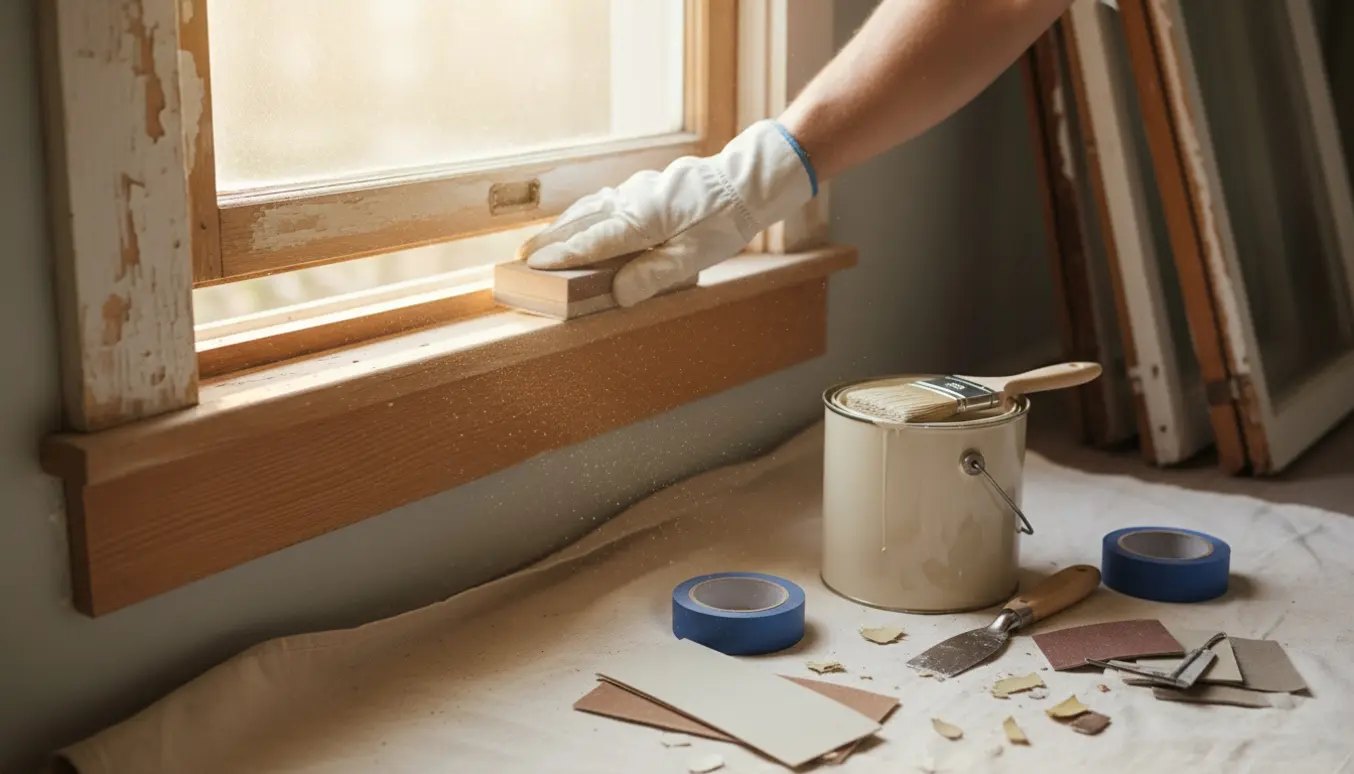 Tæt foto af et trævindue under renovering med handske-klædte hænder, slibning, malerbøtte og afdækningsdug.