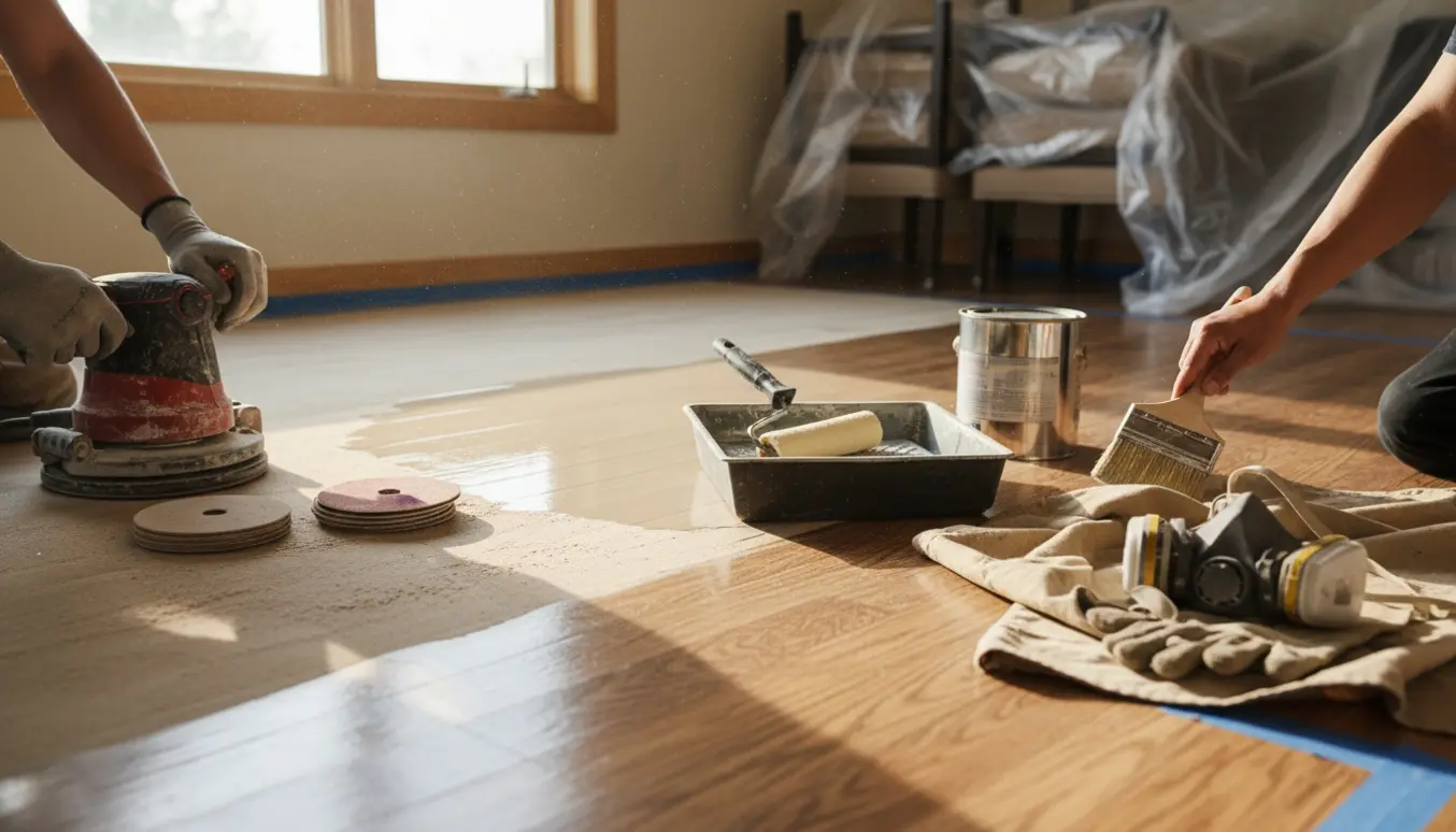 Halvslibet trægulv med værktøj og en nylakeret blank stribe i blødt dagslys.