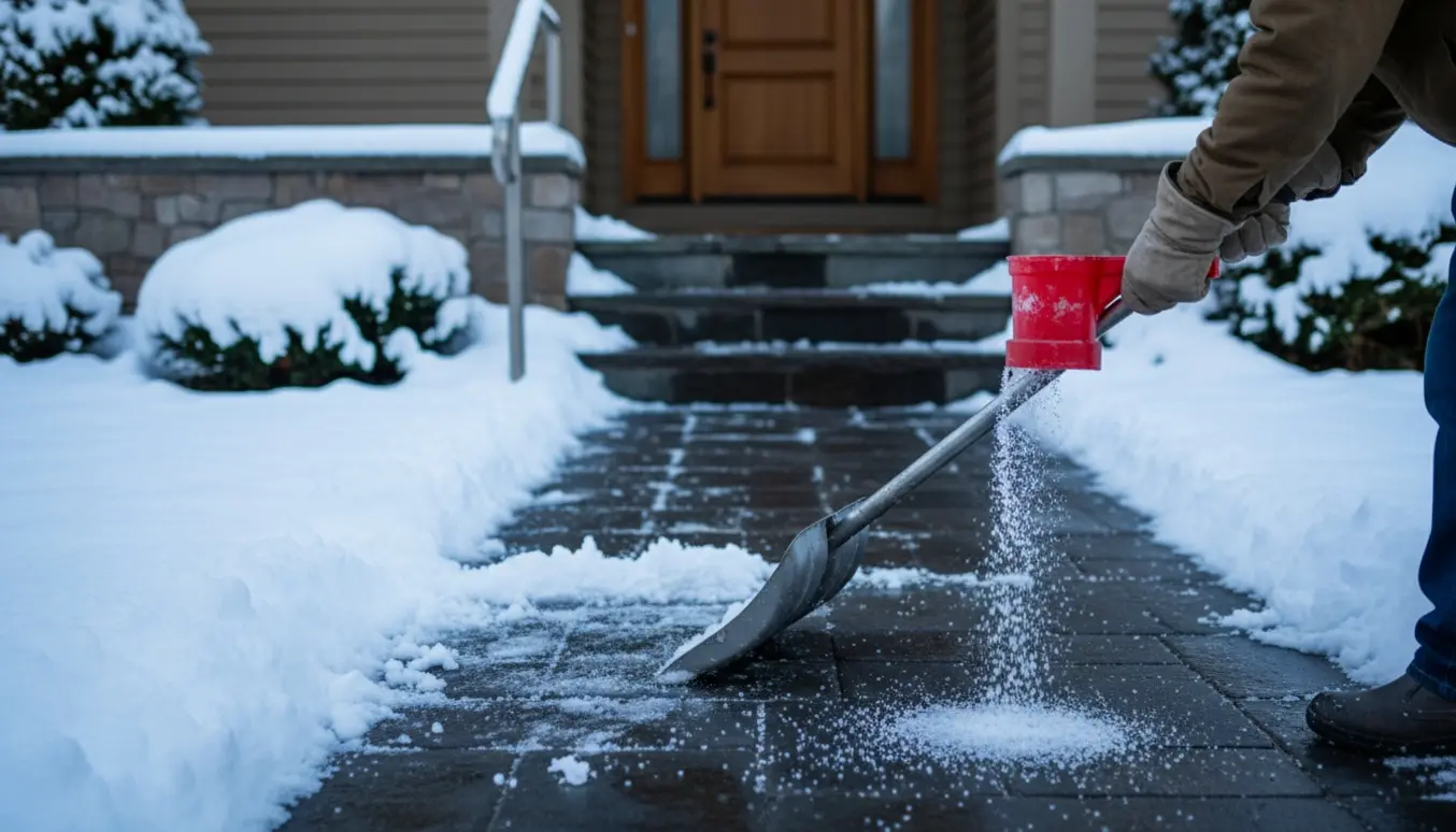 En person rydder sne og spreder salt på fortovet og trappen til et hus.
