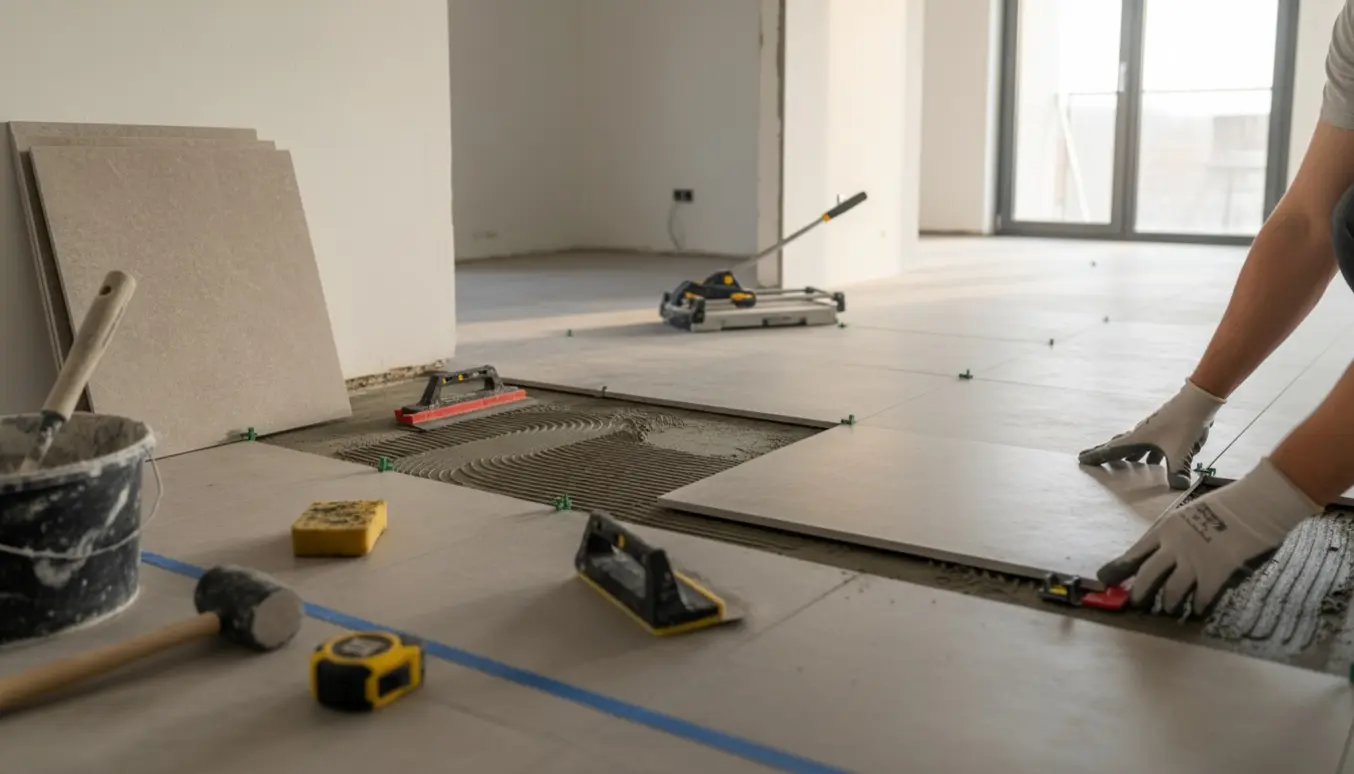 Lægning af 60x60 cm klinker på nystøbt gulv med fliseklæb, afstandsstykker og værktøj i et lyst rum.