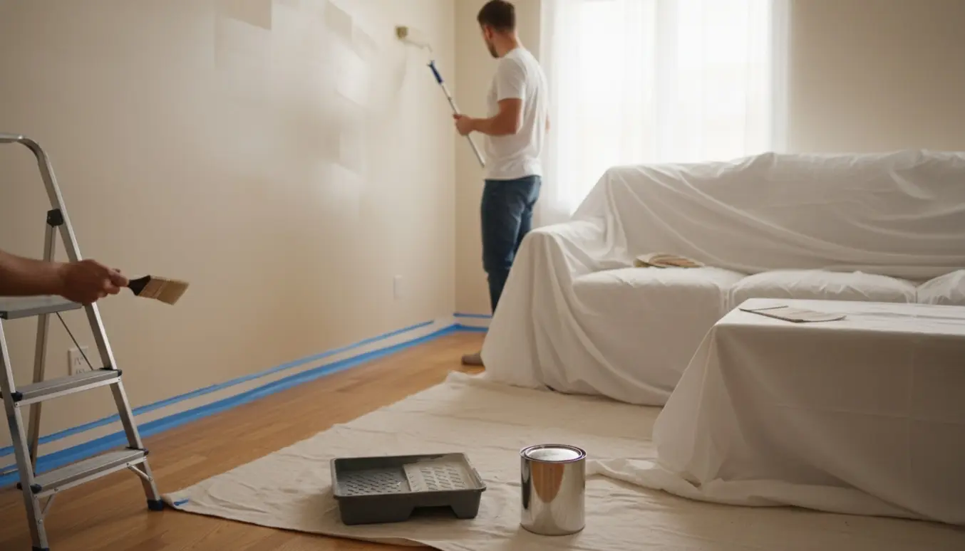Maler set skråt bagfra maler en stuevæg med rulle, møbler dækket og malerbånd langs fodpanelerne.