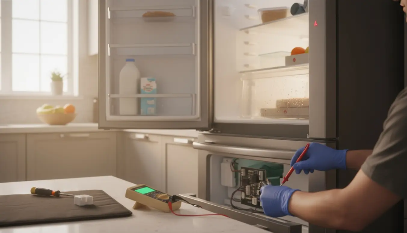 Tekniker uden synligt ansigt måler køleskabets termostat med multimeter foran et dugget, åbent køleskab.