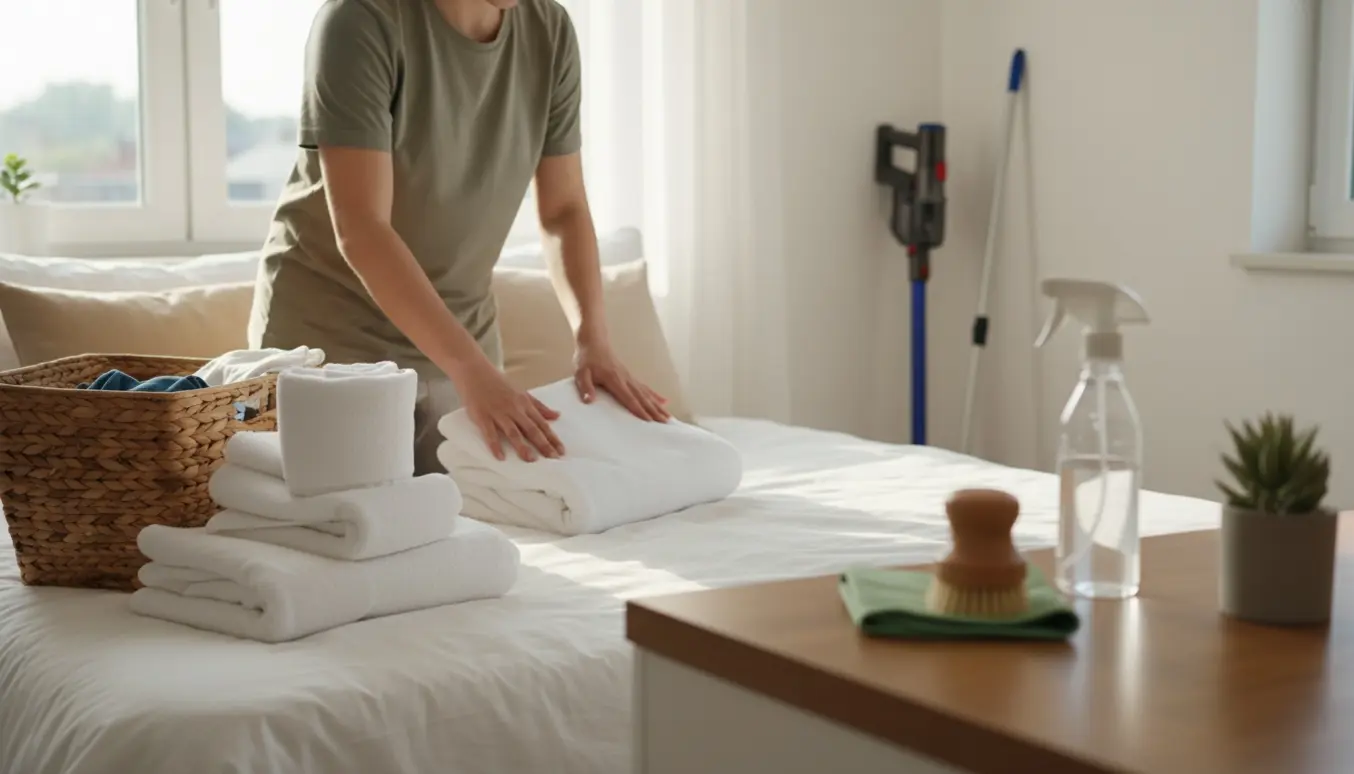 Hænder folder nyvasket vasketøj på en seng i et lyst, velordnet hjem med rengøringsredskaber i baggrunden.