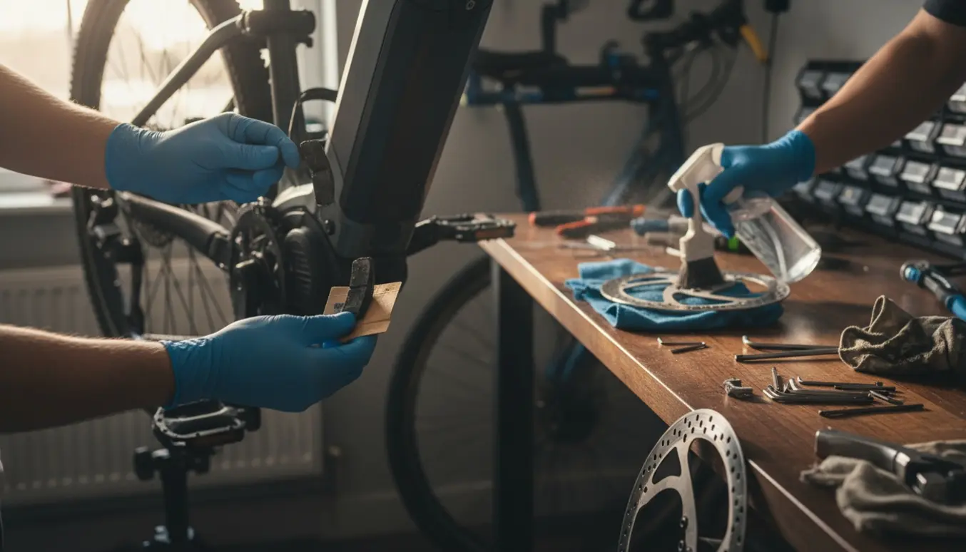 Nærbillede af hænder, der skifter bremseklodser på en elcykel i et lyst værksted.
